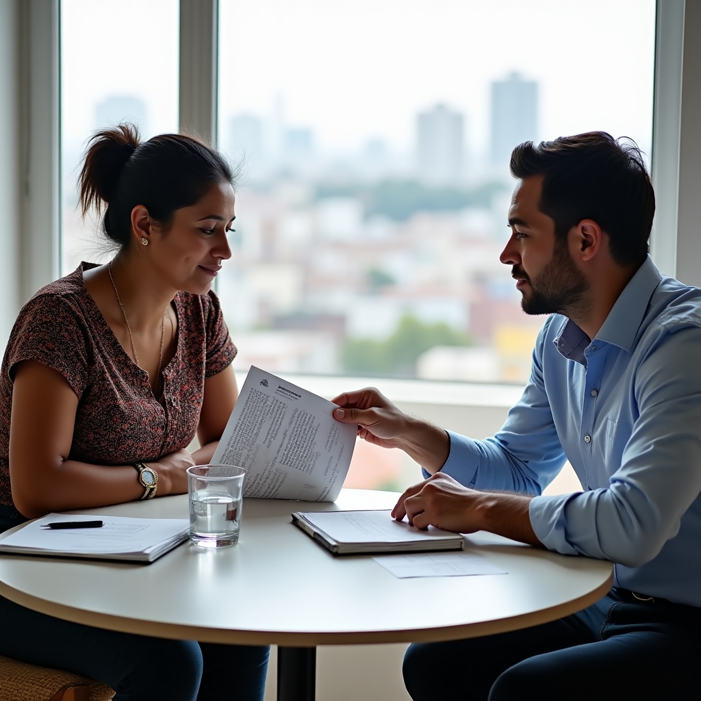 Community leader and Optarumbo consultant in a planning meeting, reviewing program materials together