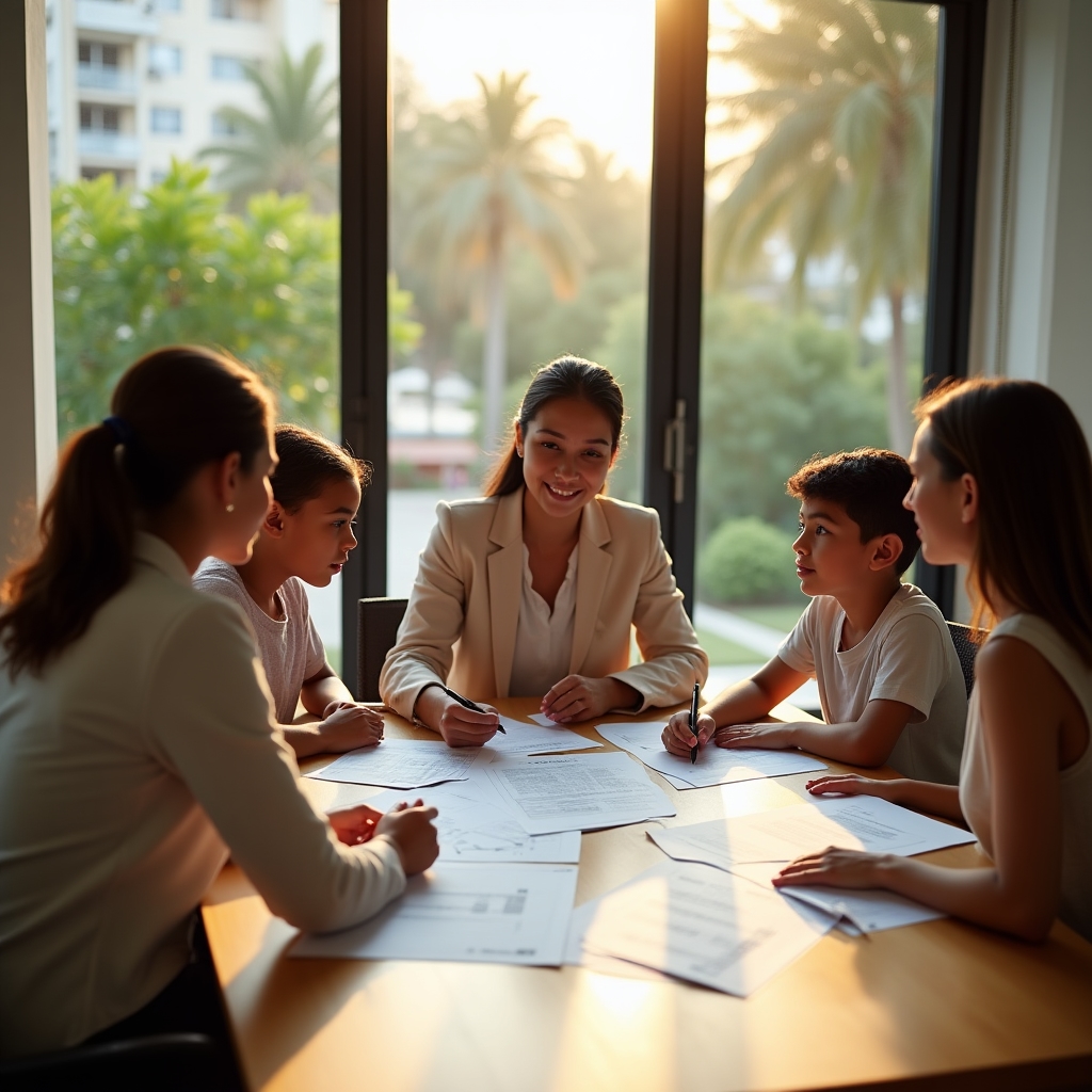 Family participating in an educational consultation session with a consultant at a table