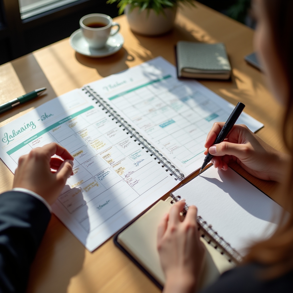 Consultant and family member reviewing a planning calendar and notes for an ongoing follow-up program