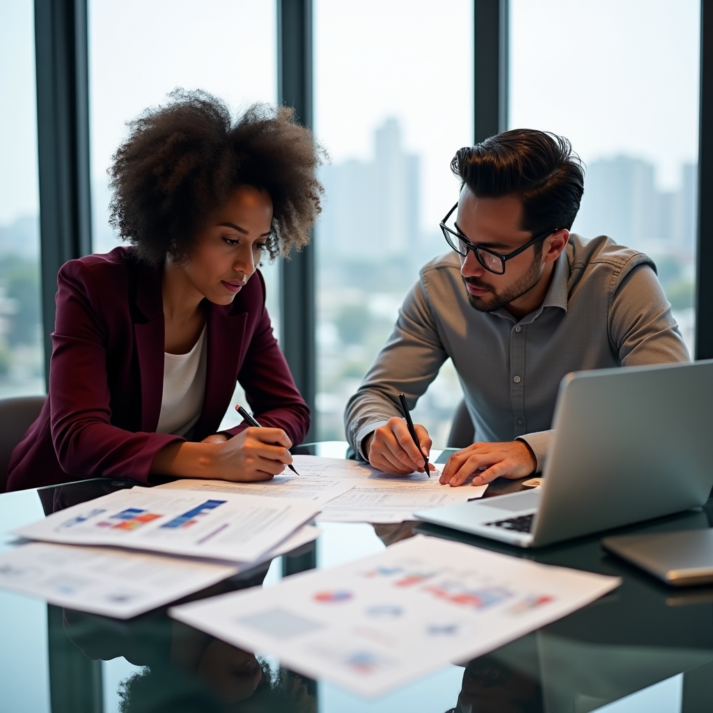 Optarumbo team members in discussion around a table, reviewing educational materials